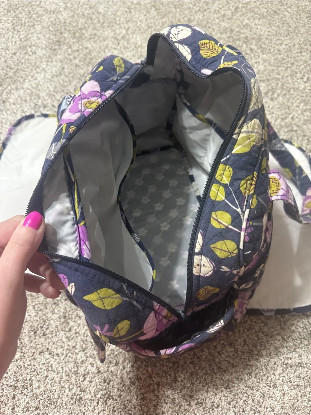 Quilted Floral Diaper Bag Tote in Purple and Navy